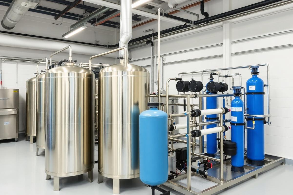 Industrial commercial RO plant with steel tanks and blue pressure vessels