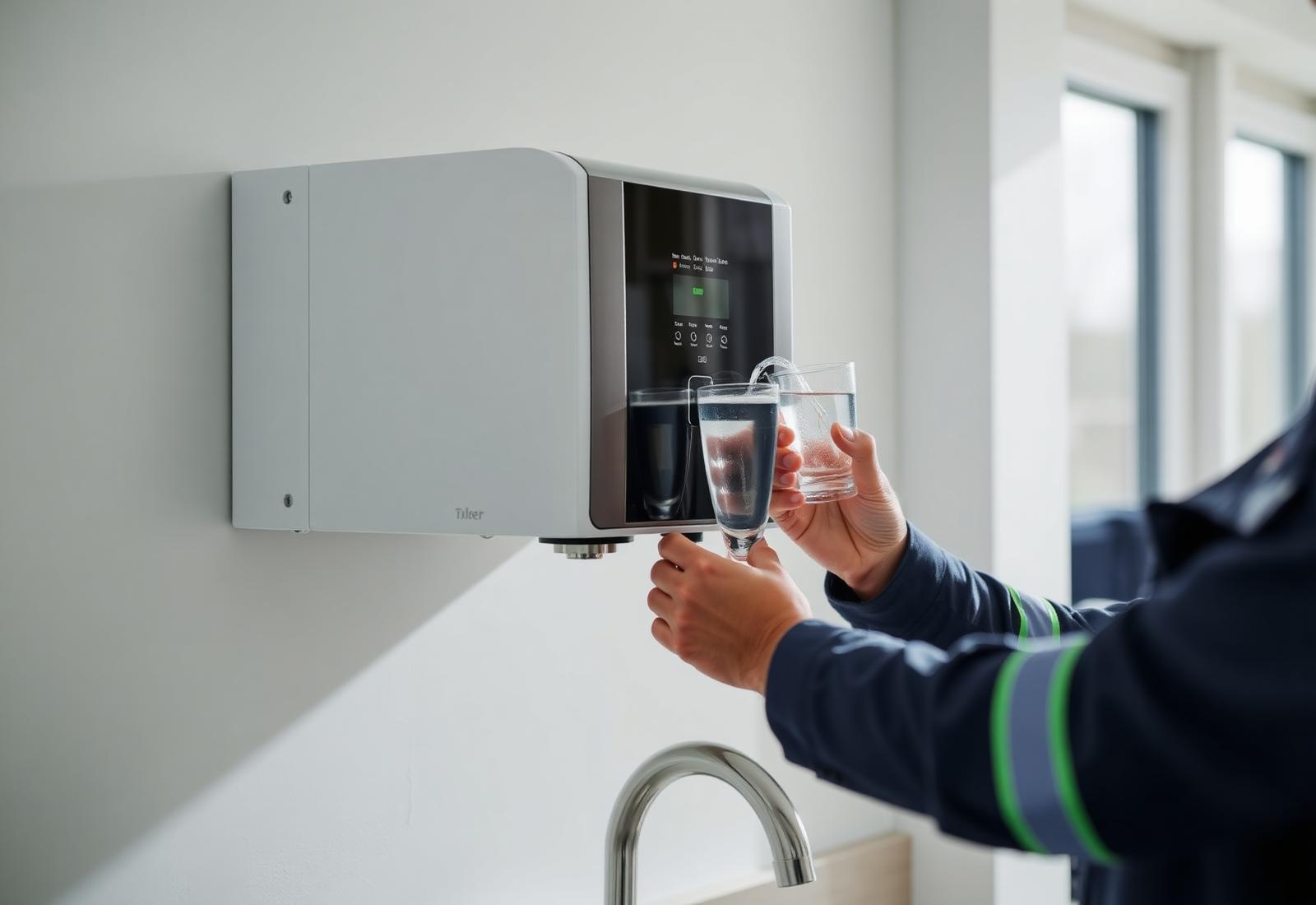 Purified water being poured from a wall-mounted RO purifier