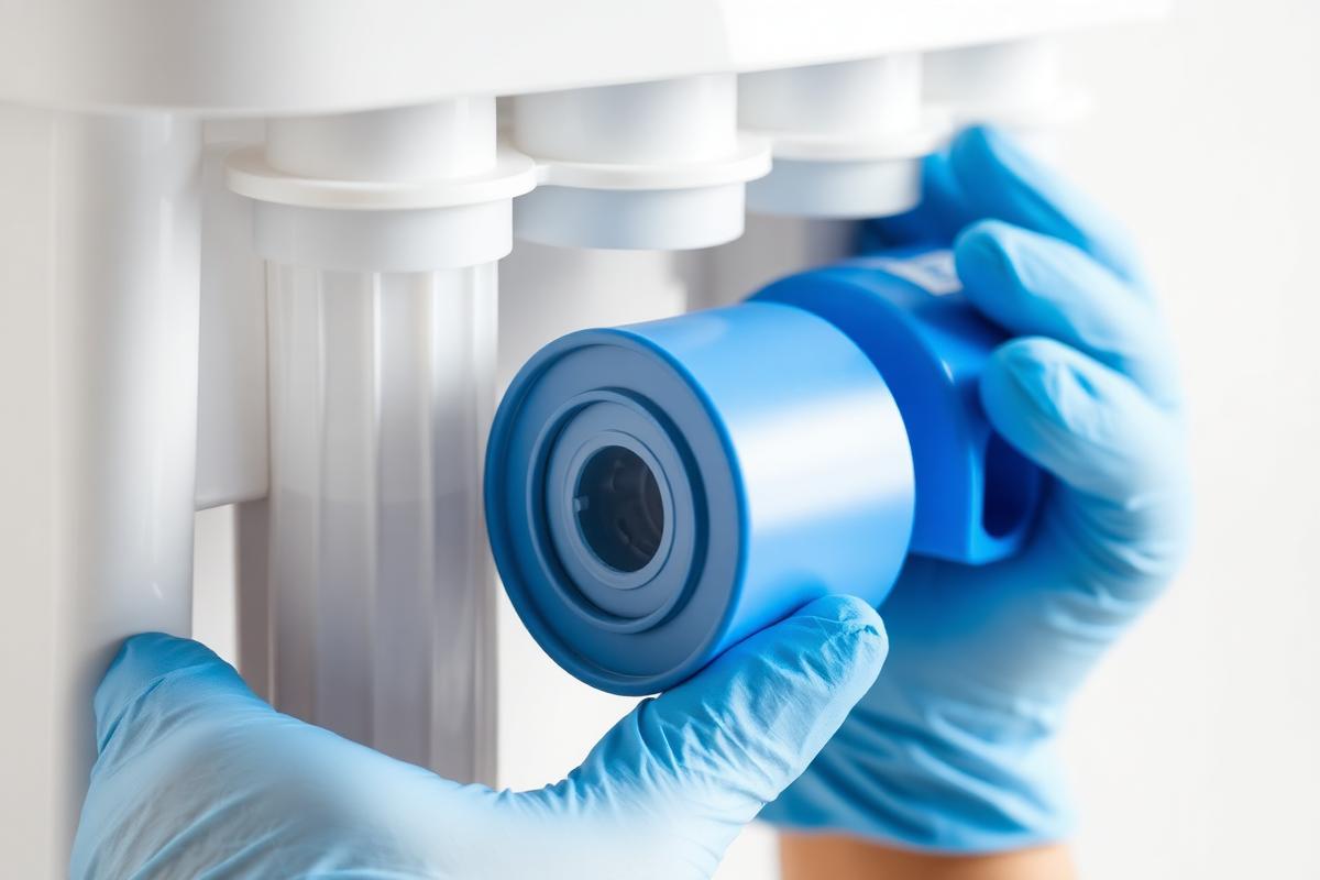 Gloved hands replacing a genuine blue RO filter cartridge