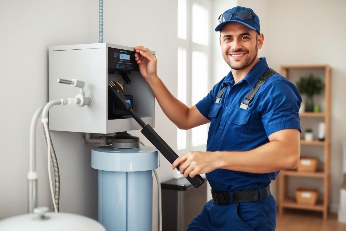 A smiling EURO AQUA TECH technician servicing a wall-mounted RO water purifier