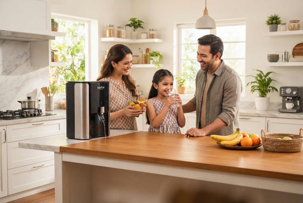 An Indian family enjoying pure RO drinking water together in their kitchen